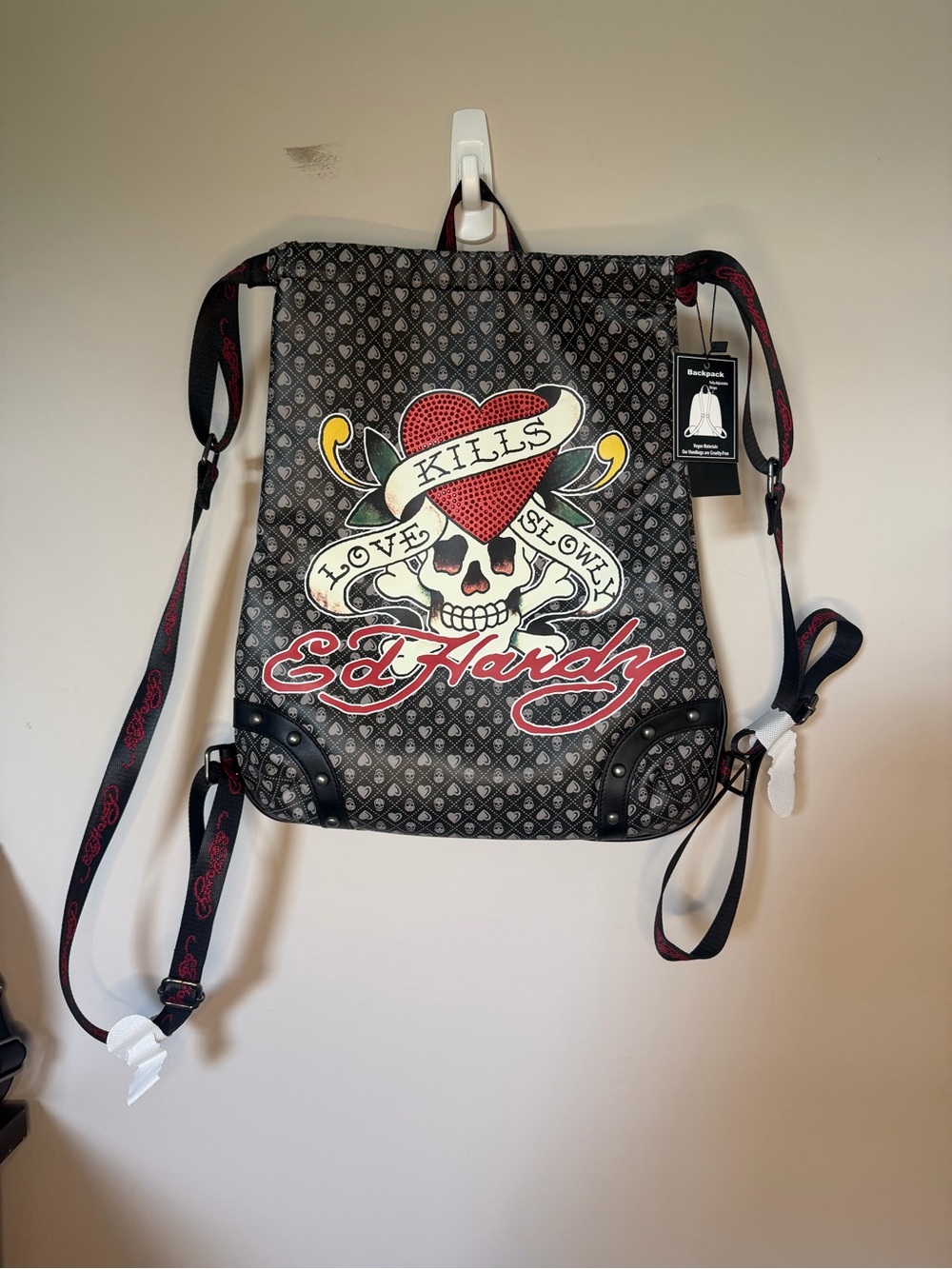 Ed Hardy Black Drawstring Backpack with Red Heart Skull Graphic